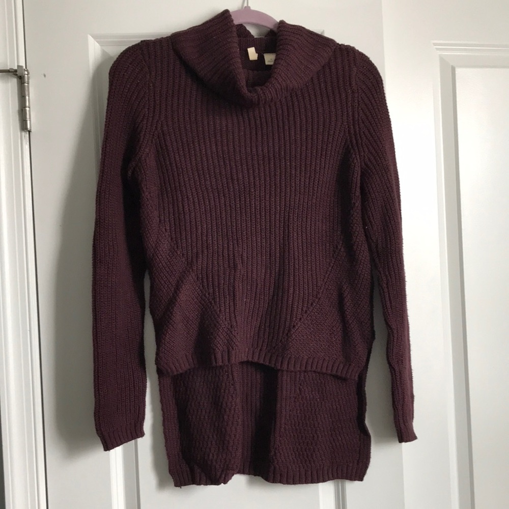 Maroon wool high-low cowl neck sweater